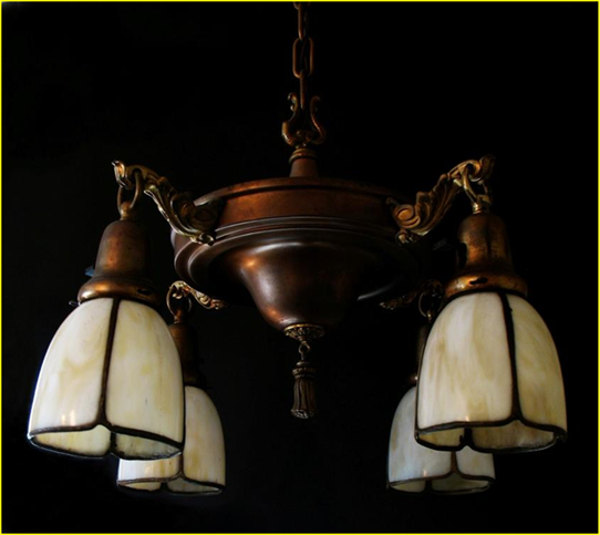 Title: Arts and Crafts Lighting near Victoria, Vancouver Island, BC - Description: Four light pan style ceiling fixture with hand crafted four panelled curved slag glass shades, genuine Arts and Crafts, circa 1910.